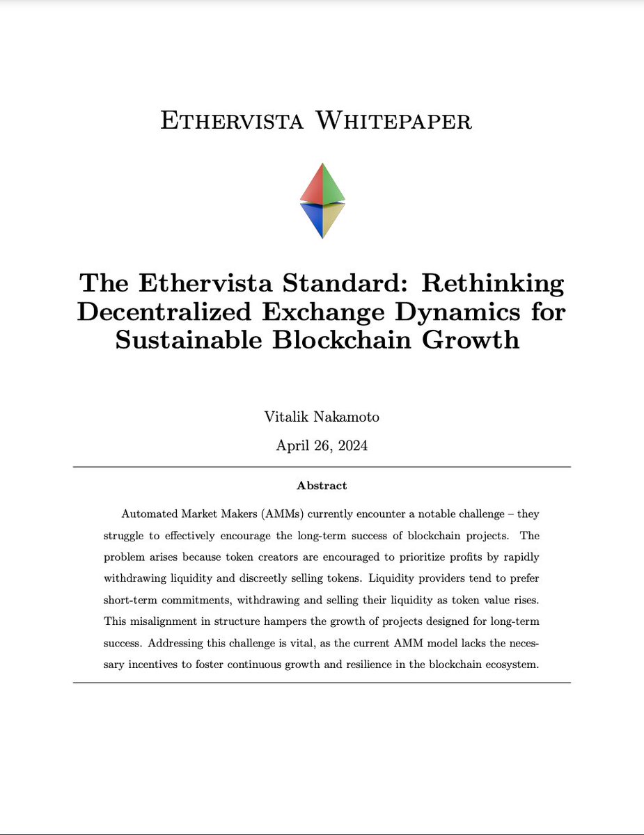 ethervista's tweet photo. The Ethervista Whitepaper will introduce:

1. New pool dynamics aimed at fundamentally restructuring protocols and unlocking limitless growth opportunities
2. A new mathematical model for revenue sharing among millions of users with negligible gas cost
3. Innovative functionalities designed to prevent rug-pulls caused by sudden liquidity removals

and a f*ck ton more (p.s: you're not ready).