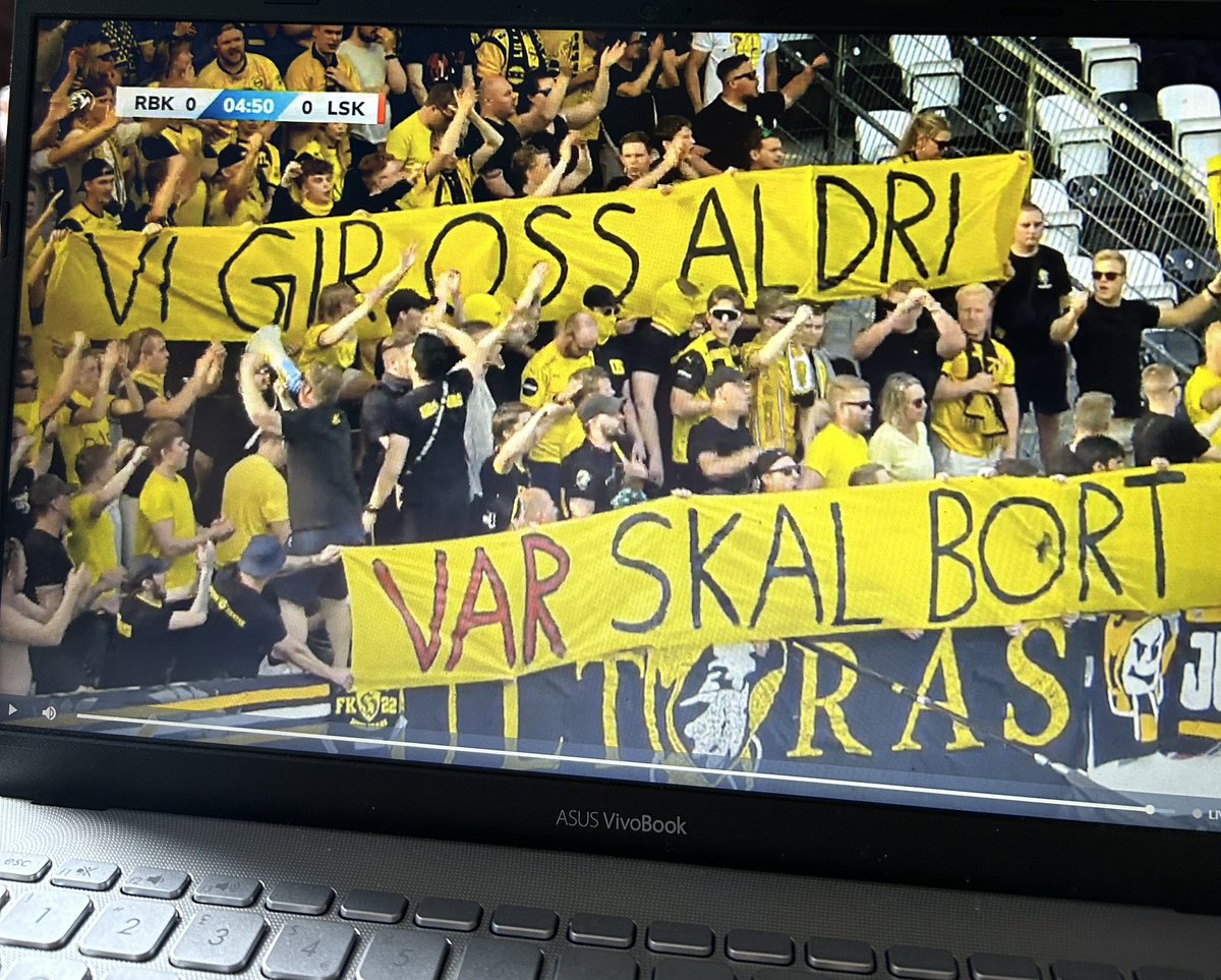 TBowdery27's tweet photo. Players are off the pitch and now this banner is out from the Lillestrøm fans. Anti VAR protests ✊ #RBKLSK https://t.co/nI6h6O2YL2