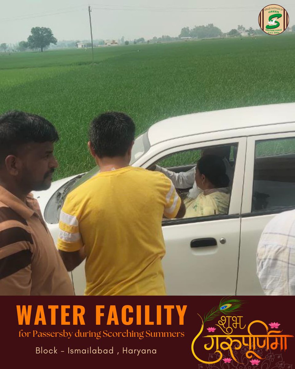 GreenSwelfares's tweet photo. On the auspicious occasion of Guru Purnima, the Shah Satnam Ji Green ’S’ Welfare Force Wing volunteers from Jind and Nigdhu are spreading sweetness by keeping everyone hydrated in the scorching summer heat. Inspired by Saint Dr. MSG, these volunteers have set up a sweet water stall and are serving cool water directly to visitors on the road. Their selfless and kind gesture not only quenches people's thirst but also spreads a sense of care and community spirit. This act of serving others with love and compassion embodies the true spirit of Guru Purnima, creating a strong bond within the community as they come together to celebrate this special day. #GuruPurnima #HappyGuruPurnima #SaintDrMSG