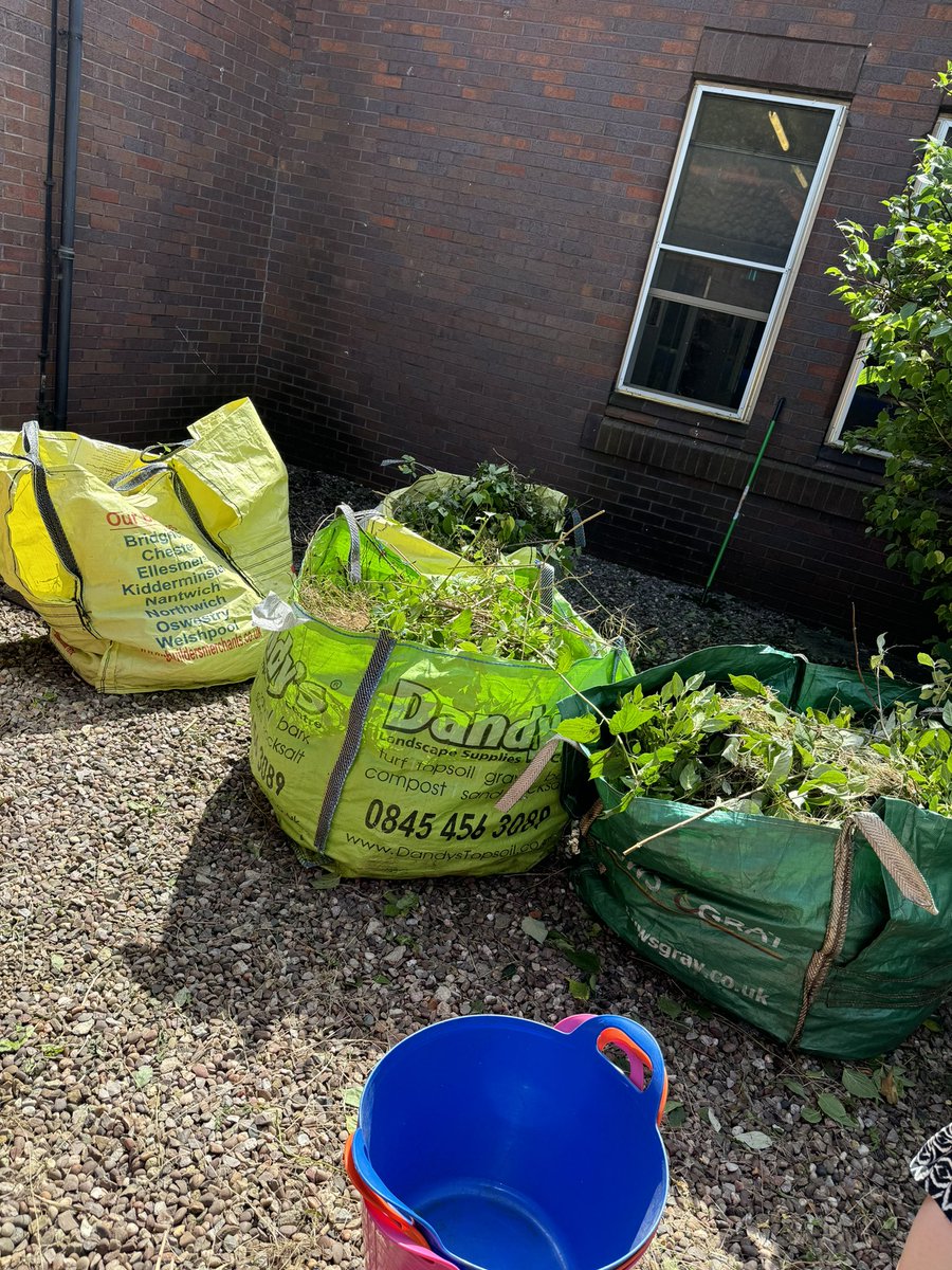 Really great work with help from Wrexham Community Gardeners to start clearing the courtyard in very hot conditions!