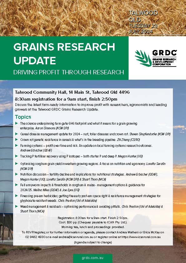 GRDCNorth's tweet photo. On tomorrow! Join us at the #Talwood GRDC Grains Research Update tomorrow for a fantastic agenda of top notch speakers. Late substitute - Mark Congreve will replace Chris Preston on the weeds topics.
Details: https://t.co/ThSUzN5ind
#GRDCUpdates https://t.co/V4OSwCGBgh