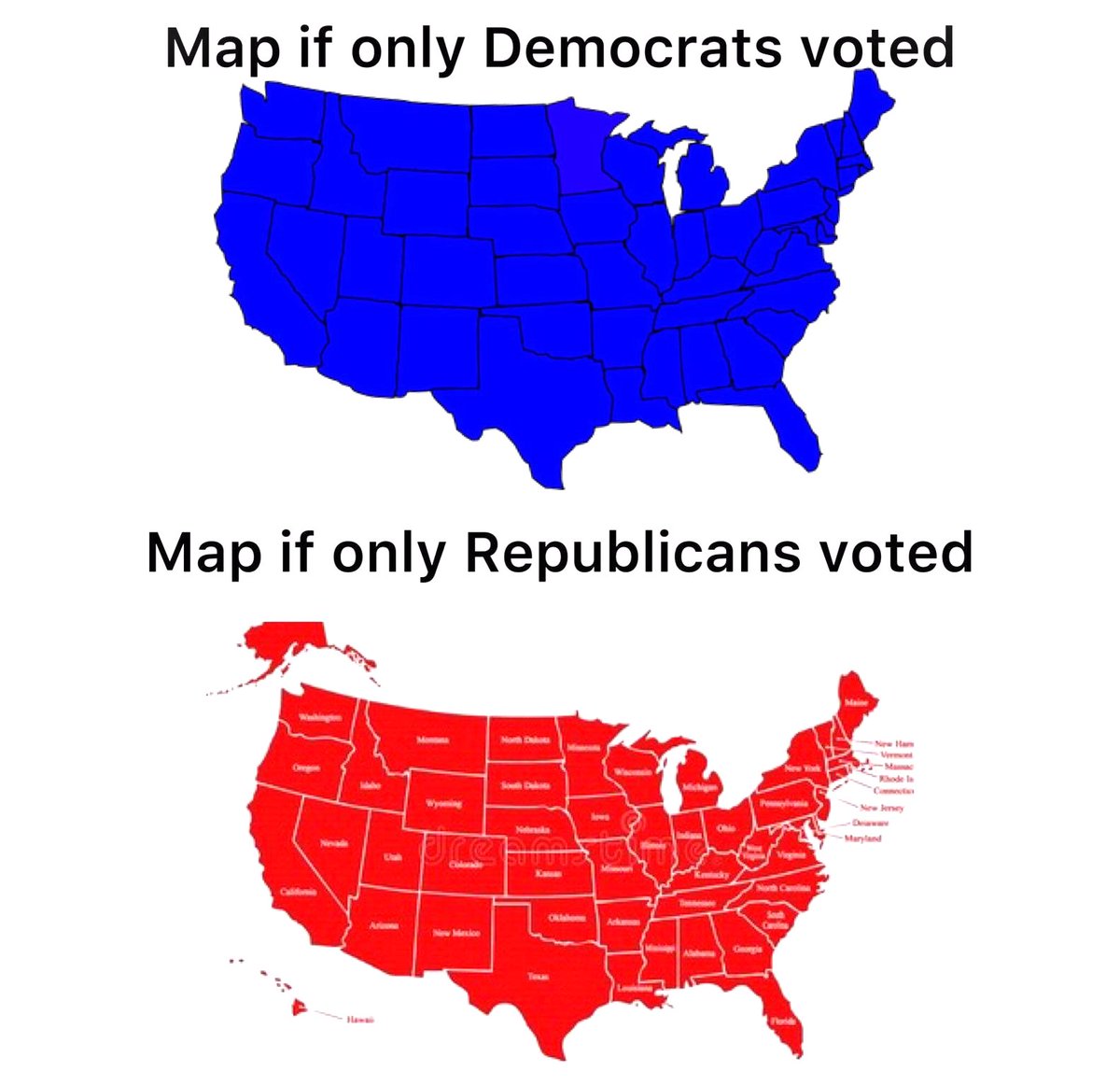 Election map of the USA if only one party votes