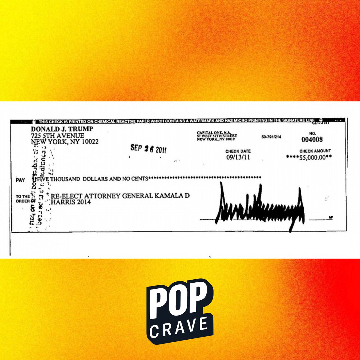 Donald Trump donated $5,000 to re-elect Kamala Harris for California Attorney General in 2011.

According to public records, he made an additional donation of $1,000 in 2013.
