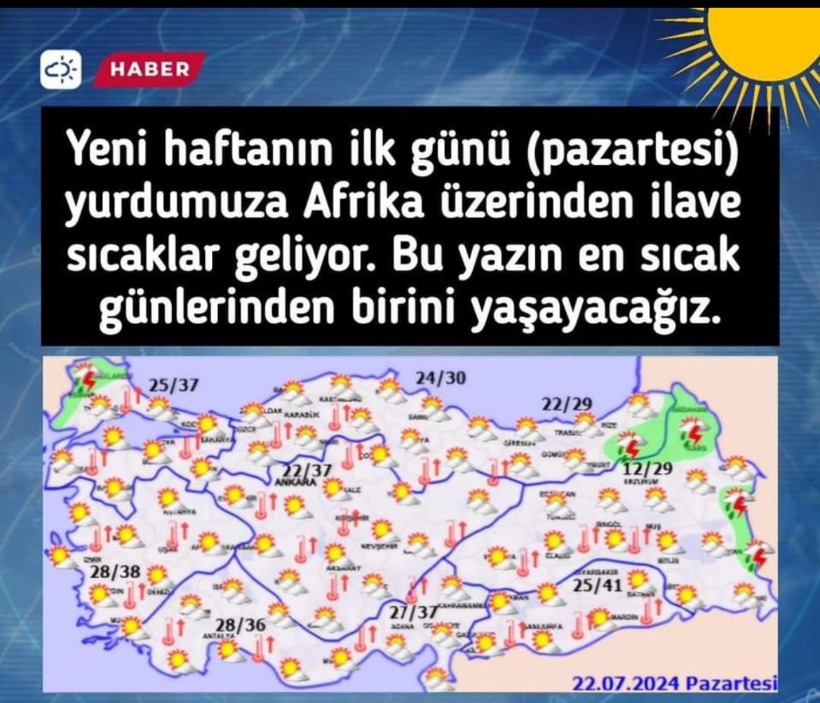 HATAYHABER31's tweet photo. Yeni haftanın ilk günü (pazartesi) yurdumuza Afrika üzerinden ilave sıcaklar geliyor. Bu yazın en sıcak günlerinden birini yaşayacağız.

İstanbul 37°
Ankara 37°
İzmir 40°
Bursa 38°
Edirne 40°
Diyarbakır 42°
Adana 39°
Hatay 40 https://t.co/gnemFk5Zy8
