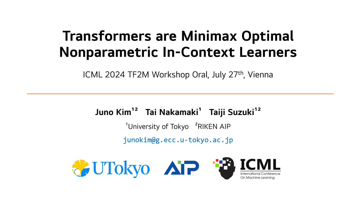 Juno KIM (@junokim_ai) on Twitter photo Also giving a contributed talk on the learning-theoretic complexity and optimality of ICL at the <a href="/tf2m_workshop/">Theoretical Foundations of Foundation Models</a> happy to share our results with the ML theory and LLM community! Also giving a contributed talk on the learning-theoretic complexity and optimality of ICL at the <a href="/tf2m_workshop/">Theoretical Foundations of Foundation Models</a> happy to share our results with the ML theory and LLM community!
