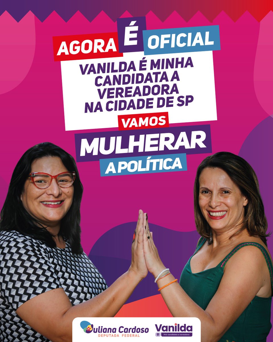 julianapt's tweet image. EU VOU CONTAR PRA TODO MUNDO: VANILDA É OFICIALMENTE MINHA CANDIDATA A VEREADORA EM SÃO PAULO 📢

Venha mulherar a política com a gente! Convido vocês a conhecerem mais sobre a minha candidata a vereadora, @Vanildapt +