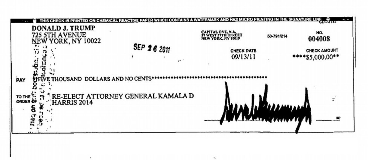 From the Archive:  Donald Trump's campaign contribution check to Kamala Harris, 2011: