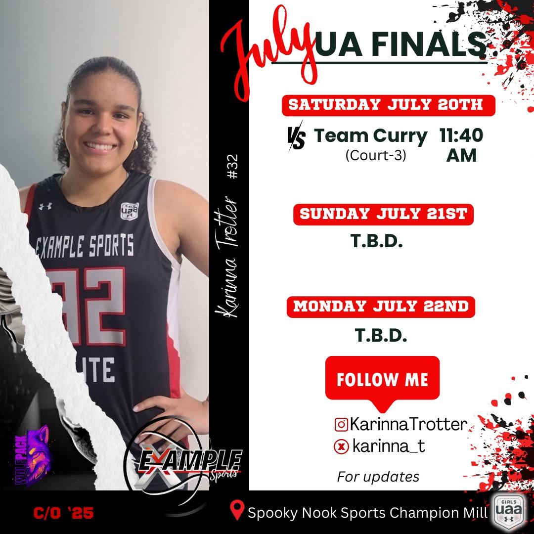 Karinna Trotter (@karinnatrotter) on Twitter photo One last time....
🚨 SCHEDULE UPDATE🚨
My last AAU game❣️
Monday 7/22 at 9:15AM
Court 9 SNCM
I'm so blessed to have been on this journey. Let's go <a href="/ExampleSports3/">Example Sports AAU</a> #Wolfpack One last time....
🚨 SCHEDULE UPDATE🚨
My last AAU game❣️
Monday 7/22 at 9:15AM
Court 9 SNCM
I'm so blessed to have been on this journey. Let's go <a href="/ExampleSports3/">Example Sports AAU</a> #Wolfpack