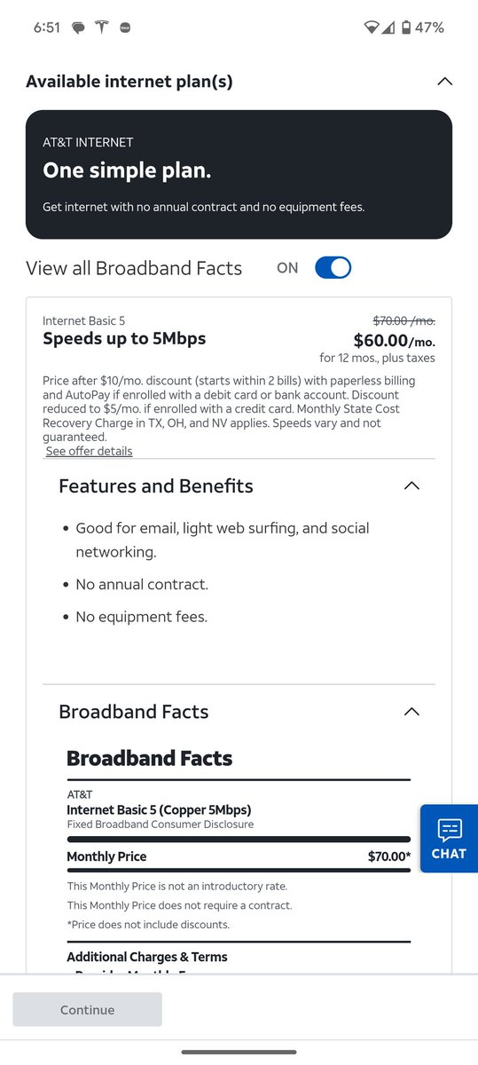 Feefdeez's tweet photo. Every couple months I check to see if AT&amp;T fiber is in our neighborhood and every couple months this is the only thing they offer. I'm starting to wonder if it's a typo. Maybe it's 5 Gbps? Should I sign up and find out? https://t.co/lFqmzhrtJb