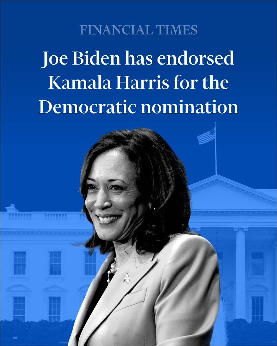 Breaking news: Joe Biden has endorsed Kamala Harris as the Democratic nominee in his place, saying on social media, 'Today I want to offer my full support and endorsement for Kamala to be the nominee of our party this year'. 

Follow live updates: on.ft.com/3LvTDSr