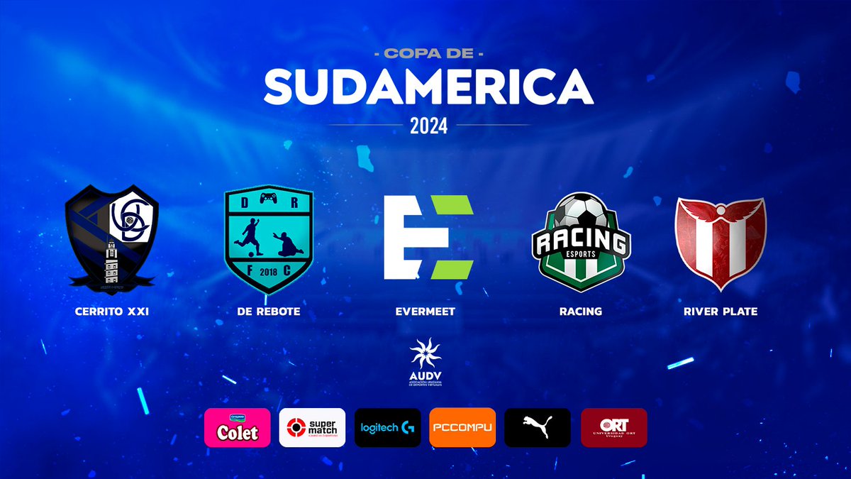 Asociación Uruguaya de Deportes Virtuales (@audvesports) on Twitter photo Estos son los equipos clasificados por Uruguay a Copa de Sudamérica 2024 🏆🌎🎮⚽️🇺🇾
➡️ <a href="/CerritoXXI/">Cerrito XXI 🇺🇾</a>
➡️ <a href="/FcRebote/">De Rebote FC</a>
➡️ <a href="/TeamEvermeet/">Evermeet</a>
➡️ <a href="/RacingeSports_/">Racing eSports</a>
➡️ <a href="/RiverUYesports/">C. A. River Plate eSports 🇺🇾🔴⚪</a> Estos son los equipos clasificados por Uruguay a Copa de Sudamérica 2024 🏆🌎🎮⚽️🇺🇾
➡️ <a href="/CerritoXXI/">Cerrito XXI 🇺🇾</a>
➡️ <a href="/FcRebote/">De Rebote FC</a>
➡️ <a href="/TeamEvermeet/">Evermeet</a>
➡️ <a href="/RacingeSports_/">Racing eSports</a>
➡️ <a href="/RiverUYesports/">C. A. River Plate eSports 🇺🇾🔴⚪</a>