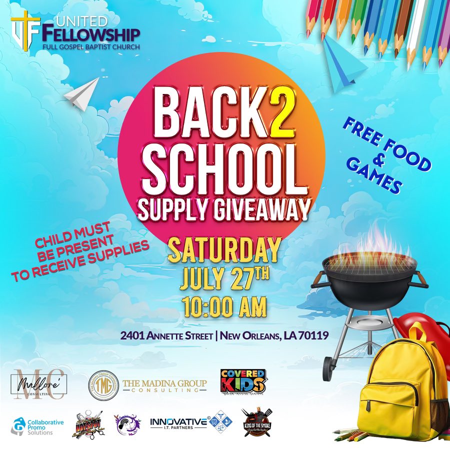 UFFGBC's tweet photo. Join us this Saturday  7/27 for 10am at United Fellowship FGBC-Nola for our annual “Back To School” giveaway!!! It will be a great time of fellowship, family, and fun!!! Refreshments, on the spot hairstyles, gift certificatea for braid styles &amp; hair cuts https://t.co/wiL5bqeox3