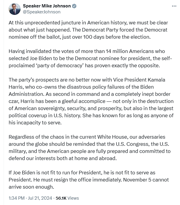 Breaking911's tweet photo. NEW: Speaker Johnson calls on Biden to resign as President

"If Joe Biden is not fit to run for President, he is not fit to serve as President. He must resign the office immediately." https://t.co/T1LDivW0DW