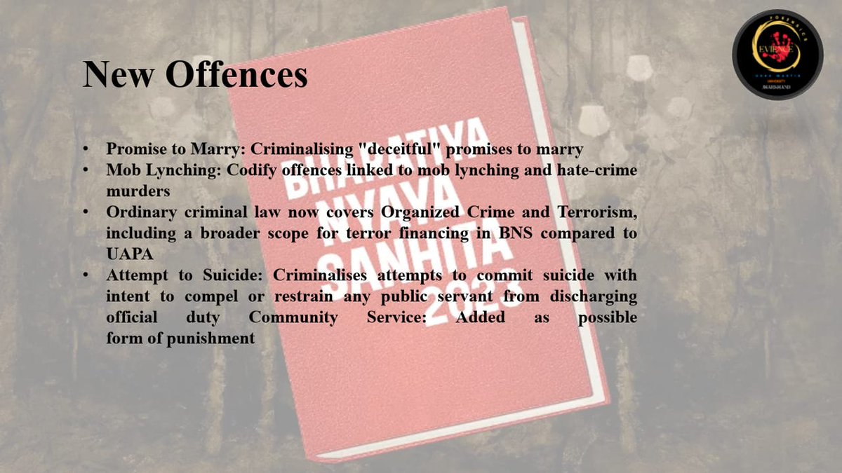 forensicUMU's tweet photo. Excited to delve into the updates and implications of Bhartiya Nyaya Sanhita 2023, shaping the legal landscape with its new provisions. A significant milestone towards justice reform in India!
 #LegalReform #BhartiyaNyayaSanhita2023
 #JusticeForAll https://t.co/kFrvpPo5mG
