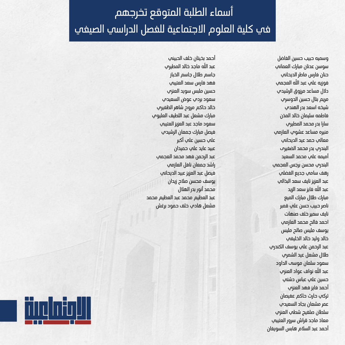 SACSS_KU's tweet image. أسماء الطلبة والطالبات المتوقع تخرجهم للفصل 
الدراسي الصيفي 2024/2023 

سائلين الله لهم دوام التوفيق والنجاح 💙

#SAC_SS
#صرح_تعلى