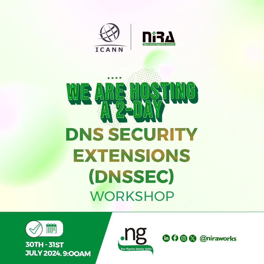 niraworks's tweet photo. We're excited to announce our upcoming DNSSEC workshop in collaboration with @ICANN. The goal will educate key players in the Nigerian internet space on DNSSEC deployment and improving internet security for online services. https://t.co/j8a450PSQ4