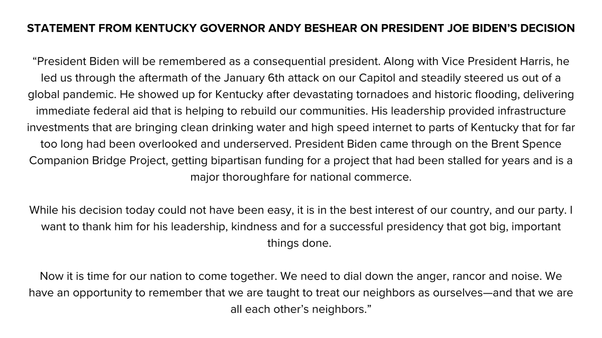 AndyBeshearKY's tweet image. My statement on President Joe Biden's decision: