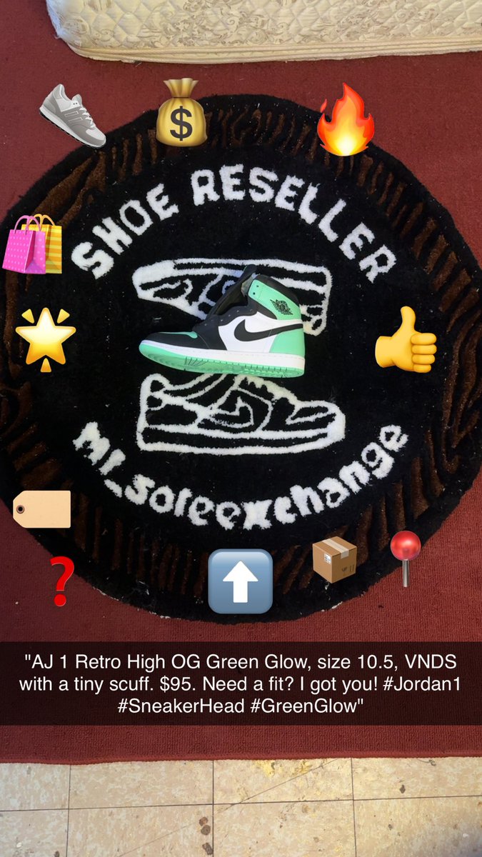 Mi_soleexchange's tweet photo. "AJ 1 Retro High OG Green Glow, size 10.5, VNDS with a tiny scuff. $95. Need a fit? I got you! #Jordan1 #SneakerHead #GreenGlow" https://t.co/69EyxXzfNk