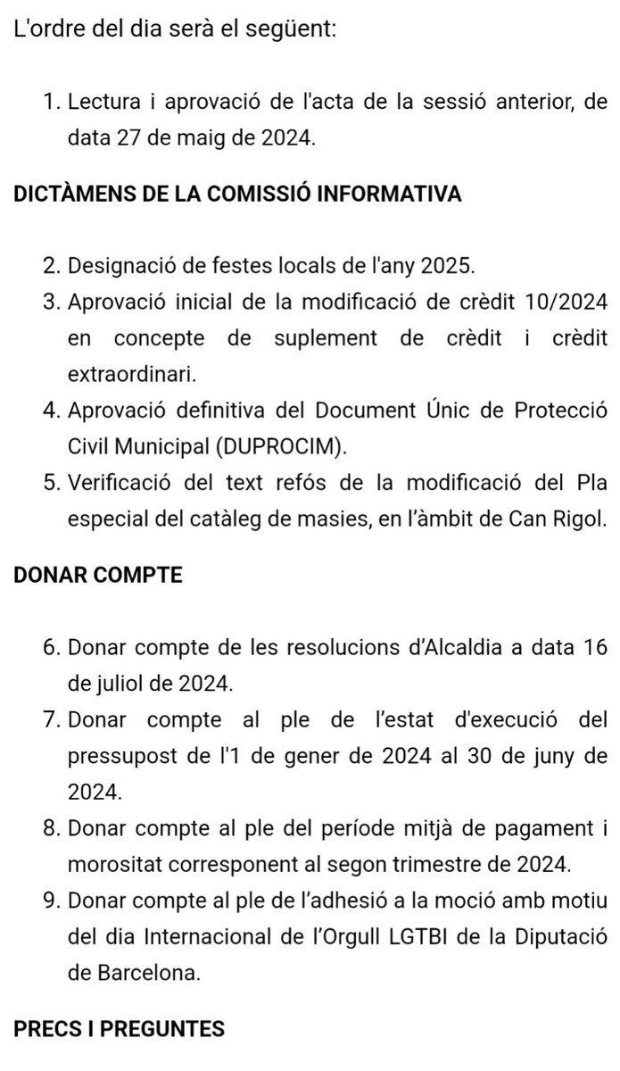 ComunsBegues's tweet photo. Demà a les 18h hi ha Ple Municipal a #Begues . Sapigueu que és un acte públic i obert a tota la ciutadania. Adjuntem l'ordre del dia. Entre altres coses, l'equip de govern de Junts+PSC proposa una modificació del pressupost municipal d'1 milió d'€ 💰!! En parlarem! https://t.co/dAOx8b0Zzp