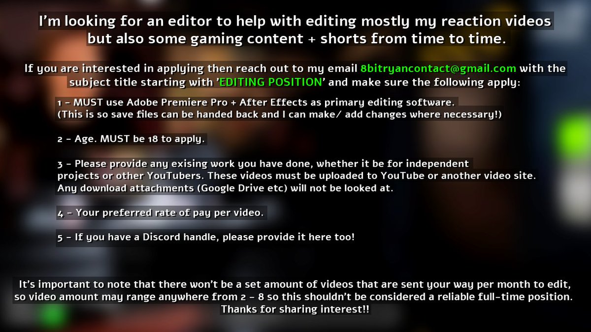 I'M LOOKING FOR AN EDITOR

If you are interested then check the attached image and make sure all points apply to you and all info needed is included in your email!

THANK YOU