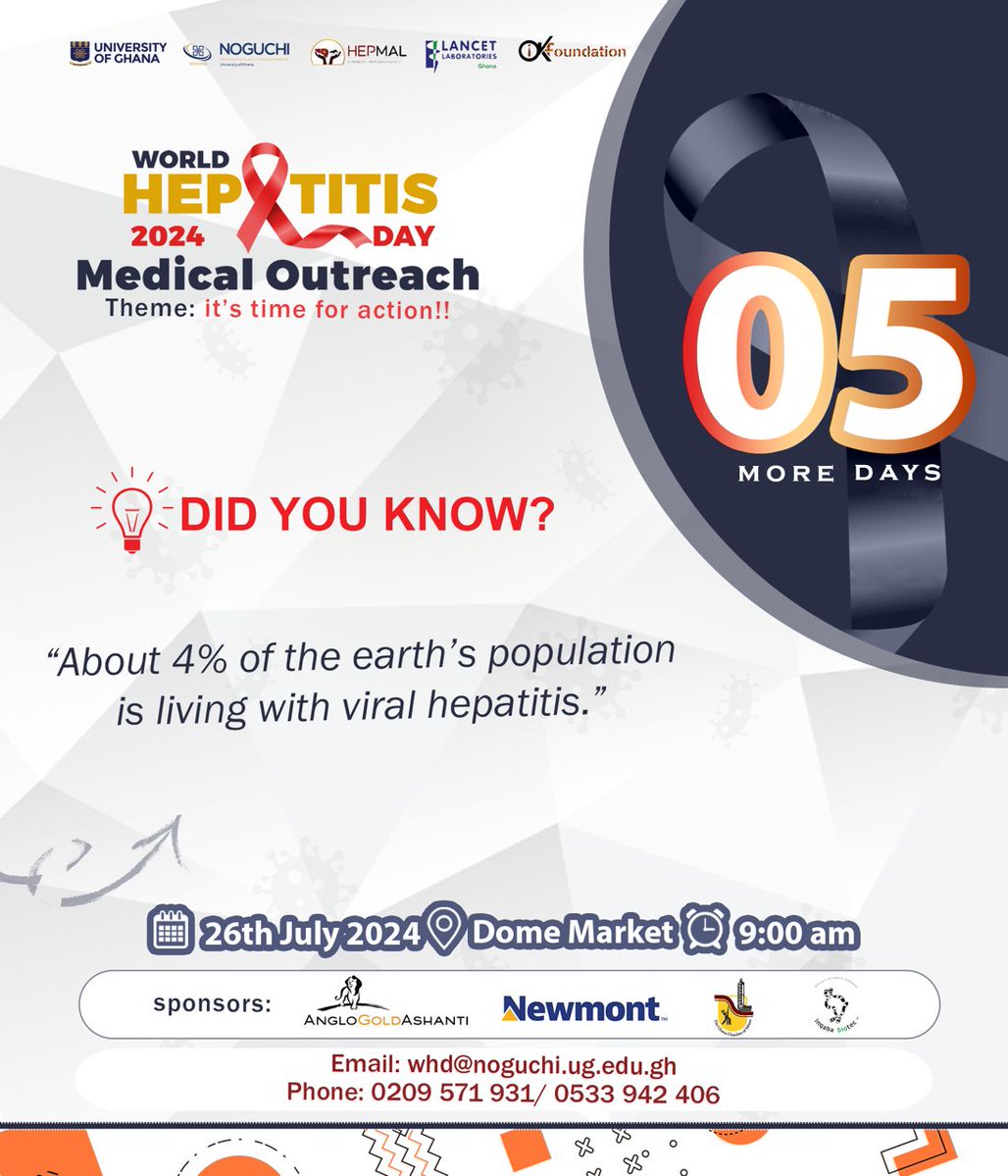NMIMR_UG's tweet photo. The day is drawing nigh. 

05 days more to our Medical Outreach

#WorldHepatitisDay 2024

Know your at status!

#GetTested
#GetVaccinated
#ItsTimeforAction https://t.co/ymroN4s6Ot