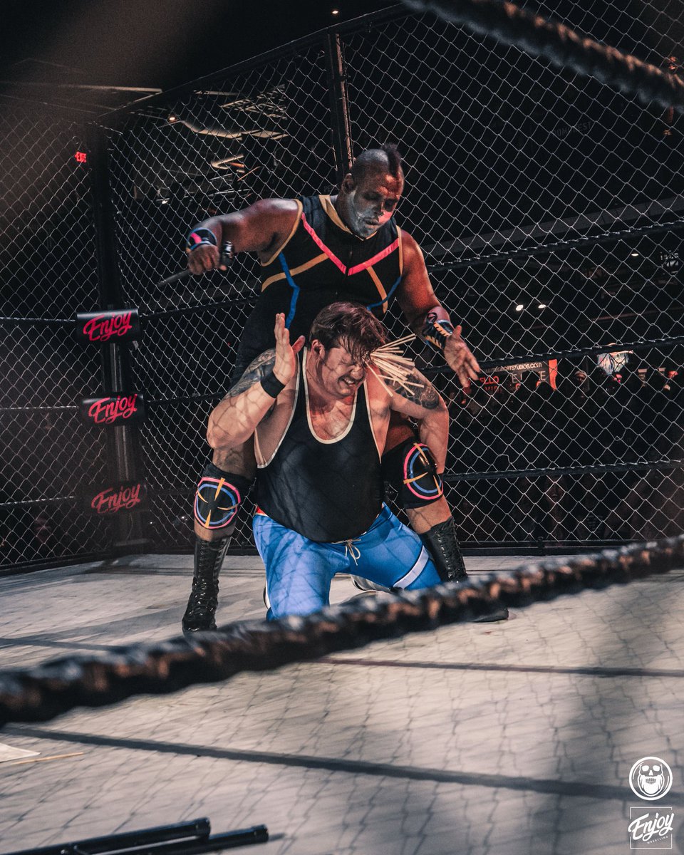 EnjoyWrestle's tweet photo. When Mr. Grim finally got his hands on David Lawless, after a year and a half of chasing the crooked lawyer, there was only one outcome possible: Violence.

Check out Enjoy’s first ever STEEL CAGE MATCH available now FOR FREE on our channel.

Sponsored by Badamo’s Pizza.

#EnjoyImmaculate