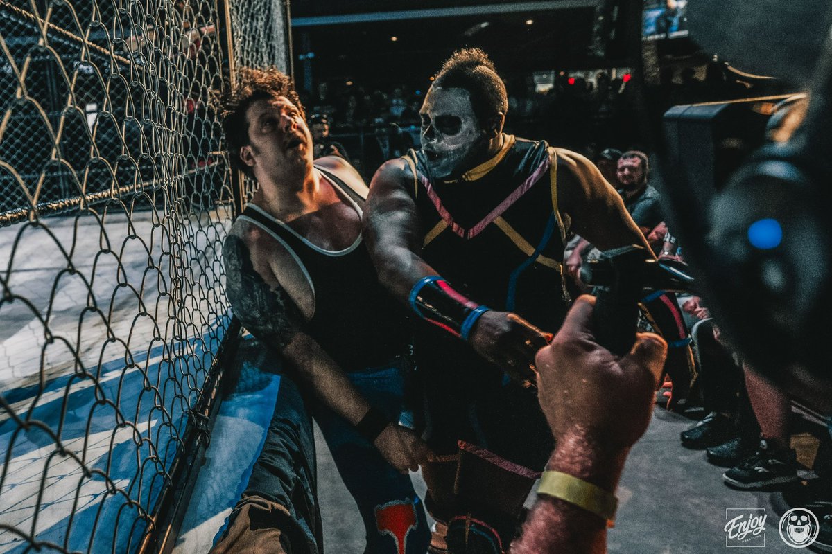 EnjoyWrestle's tweet photo. When Mr. Grim finally got his hands on David Lawless, after a year and a half of chasing the crooked lawyer, there was only one outcome possible: Violence.

Check out Enjoy’s first ever STEEL CAGE MATCH available now FOR FREE on our channel.

Sponsored by Badamo’s Pizza.

#EnjoyImmaculate