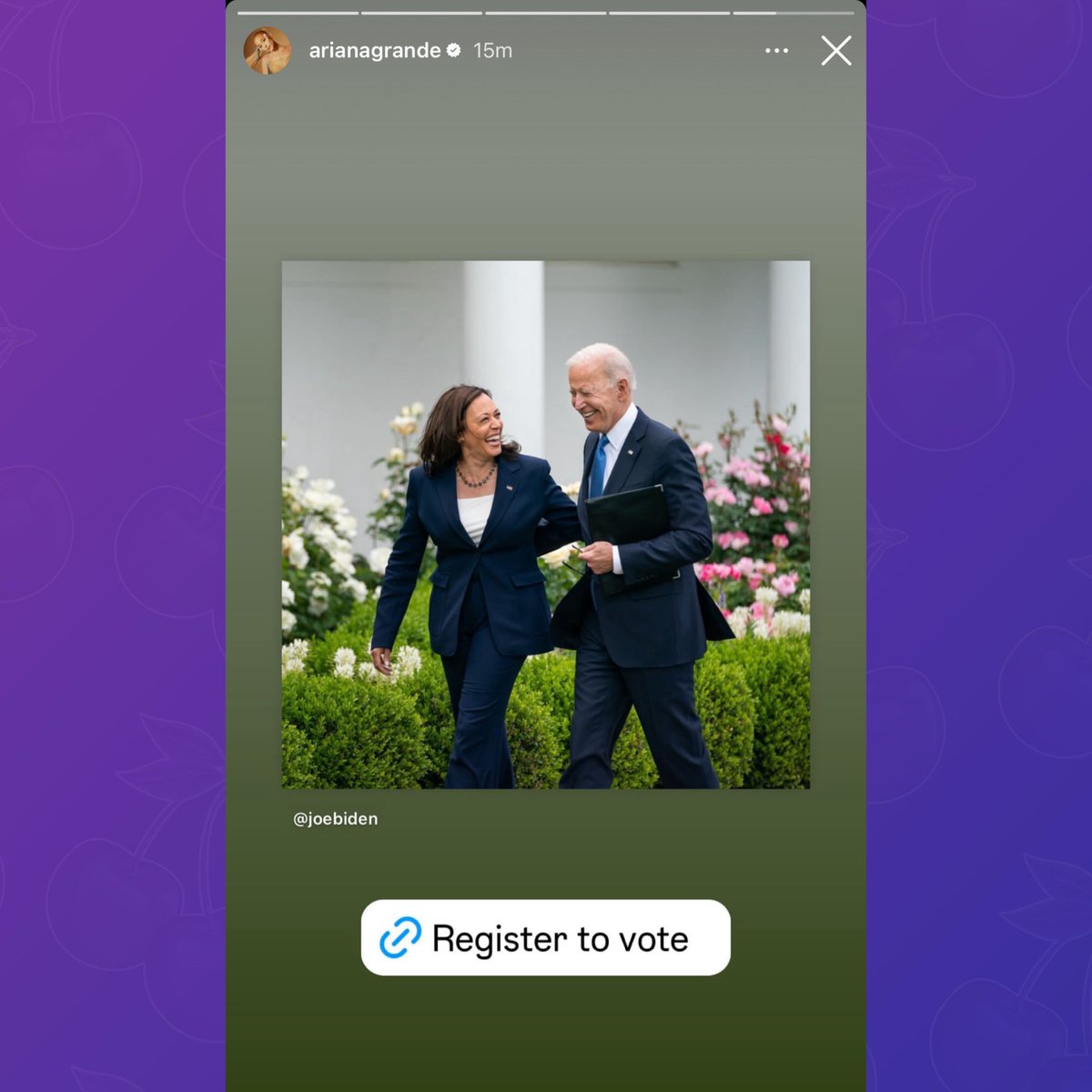 PopBase's tweet photo. Ariana Grande shares Joe Biden’s post endorsing Kamala Harris for President. https://t.co/HsPJhtrtP9