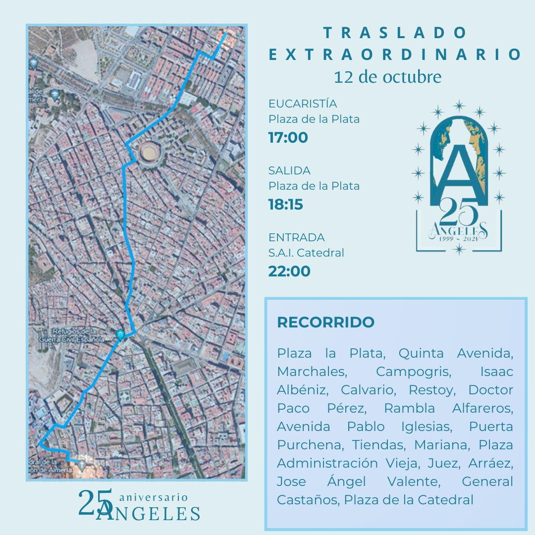 Hdad_losangeles's tweet photo. 🔵 RECORRIDO TRASLADO

Antes de la procesión y cultos extraordinarios en la @500CatedralAlm viviremos el  12 de octubre 
 el #TrasladoÁngeles25 desde nuestra sede hasta la @500CatedralAlm 

#LosÁngeles25
⏬⏬ https://t.co/1Kke9pxr7u