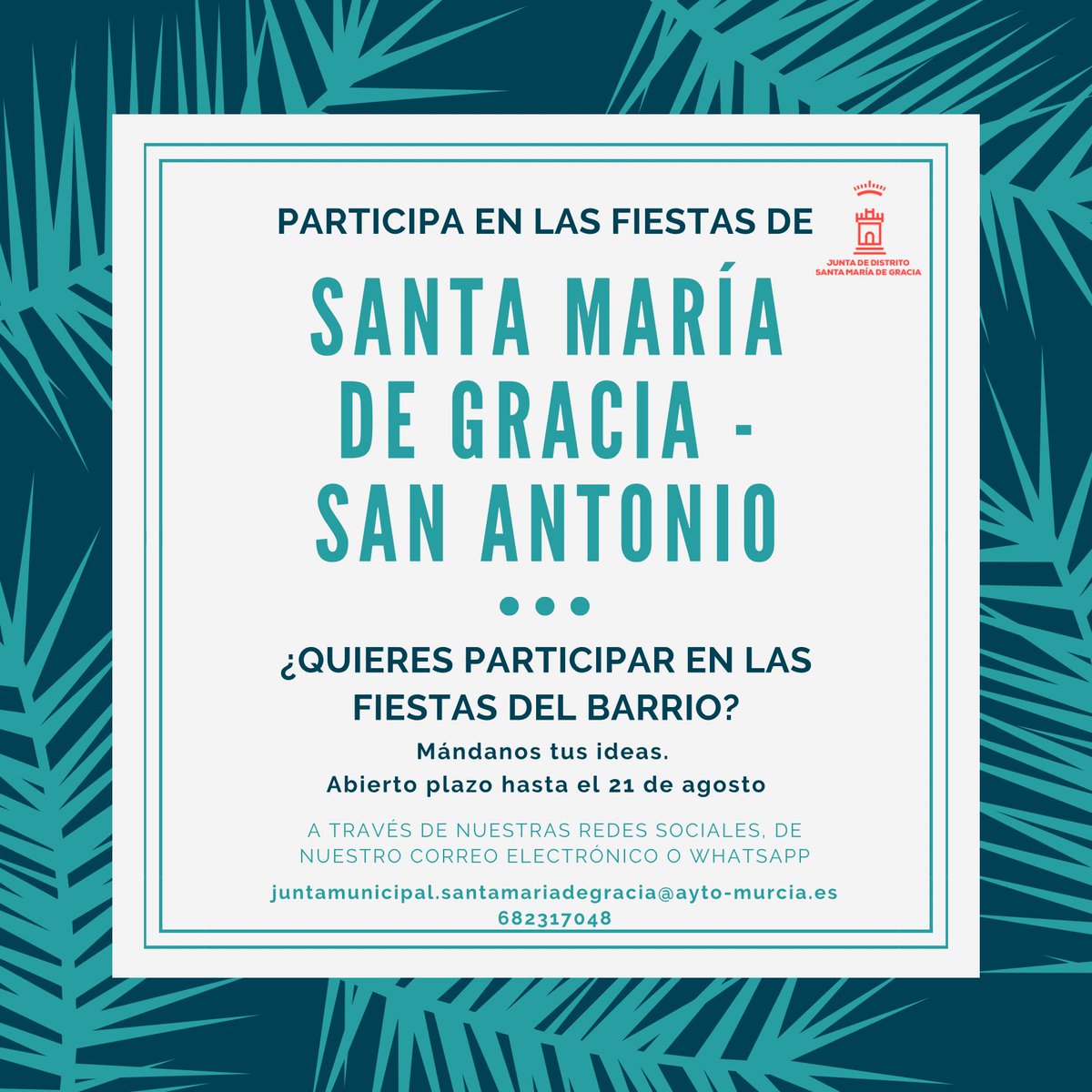 ‼️ Quieres participar en las fiestas de #SantaMaríaDeGracia? ⤵️

📝 Mándanos tus ideas. 

🗓️ Abierto plazo hasta el 21 de agosto para formar parte de grupo de trabajo o para mandarnos tus ideas a través de 
⤵️ (siguiente)