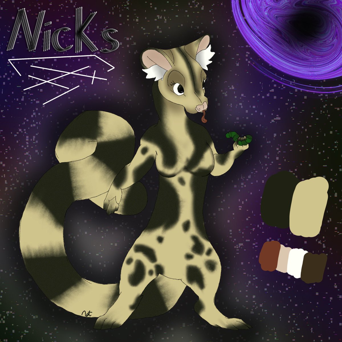 ThickyNicky2000's tweet image. My banded linsang Nicks! Hope you like it!
Would love it if anyone draws her 💜
Free art on my pinned!!!
#NickyArt