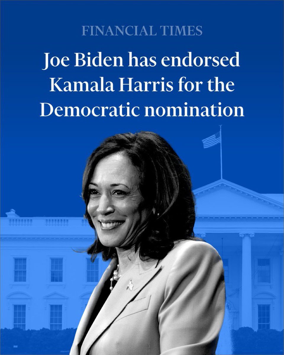"Financial Times":

#عاجل: أعلن جو #بايدن عن تأييده ل #كاملا_هاريس كمرشحة ديمقراطية بدلاً منه، قائلًا على وسائل التواصل الاجتماعي: 

"اليوم أريد أن أقدم دعمي وتأييدي الكاملين لكامالا لتكون مرشحة حزبنا هذا العام".
#الانتخابات_الأمريكية