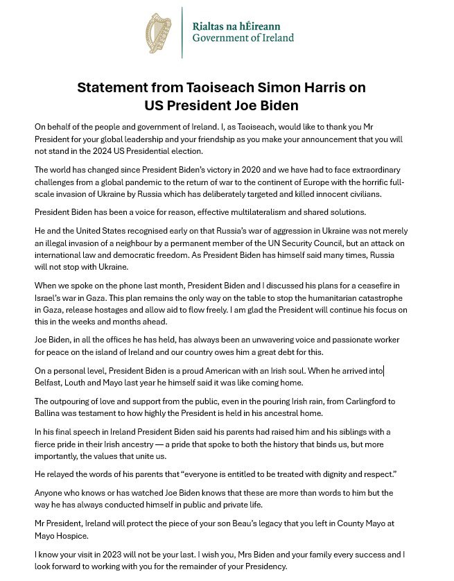 SimonHarrisTD's tweet photo. My statement on US President @JoeBiden. https://t.co/5WltCqip06