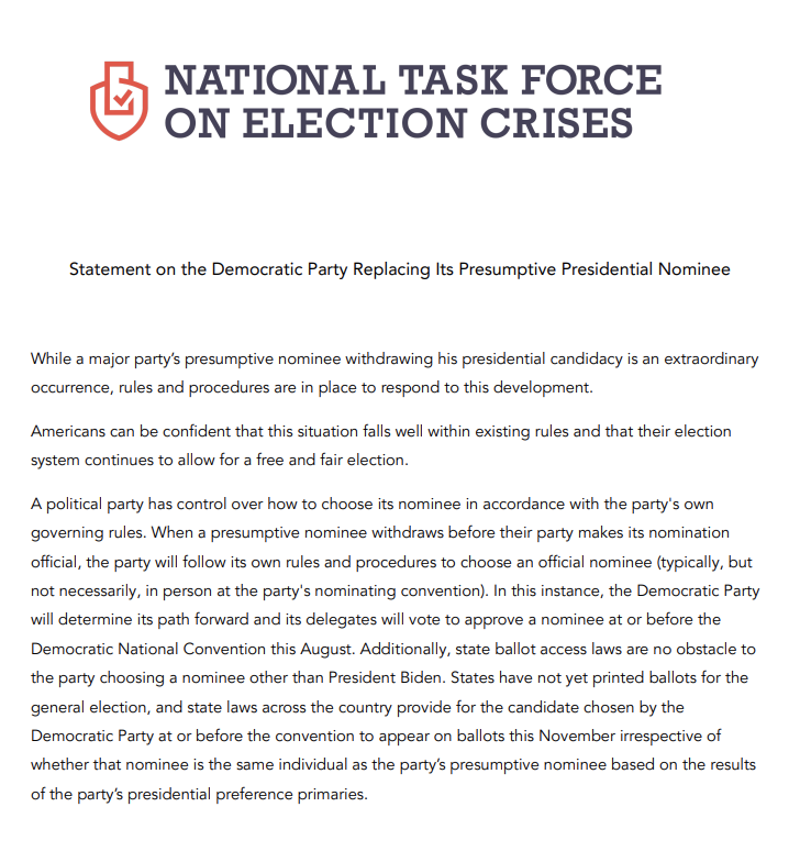 ElectionTask's tweet photo. The National Task Force on Election Crises has issued the following statement as President Joe Biden announces he is suspending his campaign. https://t.co/EhJnW4up2K https://t.co/WKxDVlWWpd