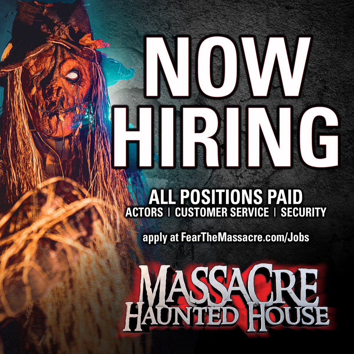 We are now hiring paid positions for our 2024 season!
No Experience Required!
- Actors
- Customer Service
- Security

Apply Today: fearthemassacre.com/Jobs/

Massacre Haunted House
299 Montgomery Rd, Montgomery, IL 60538
FearTheMassacre.com

#hauntedhouse