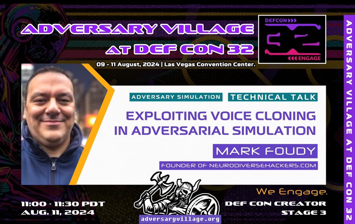 AdversaryVillag's tweet image. #Adversary Village at @defcon Hacking Conference - Creator stage talks
@0xM4rk7homas will be delivering a technical talk on “Exploiting Voice Cloning In Adversarial Simulation”.

Talk schedule: 11:00- 11:30 PDT | Aug 11th 2024 | DEF CON Creator Stage 3 | Las Vegas Convention