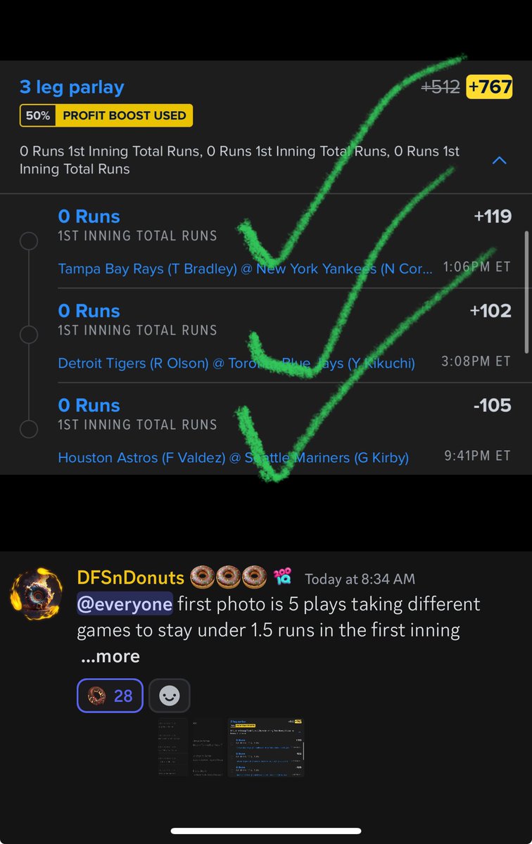 DFSnDONUTS's tweet photo. banggggg clean mofo NRFI sweep!!!!!! 

🔥 insane NRFI heater since the break
✅ +1150 NRFI Parlay 💰💰💰
✅ +767 NRFI Parlay 💰💰💰
✅ Team NRFI parlay 
✅ MIL/MIN -115
✅ SD/CLE -125
✅ CWS/KC -115
✅ ARI/CHC -130
✅TB/NYY NRFI +119
✅DET/TOR NRFI +102
✅HOU/SEA NRFI -105
✅NYM/MIA u1.5 NRFI lay
✅DET/TOR u1.5 NRFI lay
✅TB/NYY u1,5 NRFI lay
✅HOU/SEA u1.5 NRFI lay
✅MIA team NRFI lay
✅TOR team NRFI lay
✅TB team NRFI lay
✅Kirby parlay 1
✅Kirby parlay 2
✅Kirby parlay 3
😢 CWS/KC NRFI three days ago