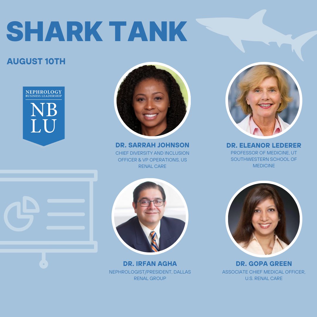 NBLU: Renal Leaders (@nbluniv) on Twitter photo Meet our NBLU 2024 Shark Tank Judges! 80 plus senior nephrology fellows, 10 teams (cities), building their own nephrology practice and presenting to our sharks! Shark Judges include 🦈 Dr Sarah Johnson VP operations and Diversity and inclusion officer <a href="/USRenalCare/">U.S. Renal Care</a>, Dr Meet our NBLU 2024 Shark Tank Judges! 80 plus senior nephrology fellows, 10 teams (cities), building their own nephrology practice and presenting to our sharks! Shark Judges include 🦈 Dr Sarah Johnson VP operations and Diversity and inclusion officer <a href="/USRenalCare/">U.S. Renal Care</a>, Dr