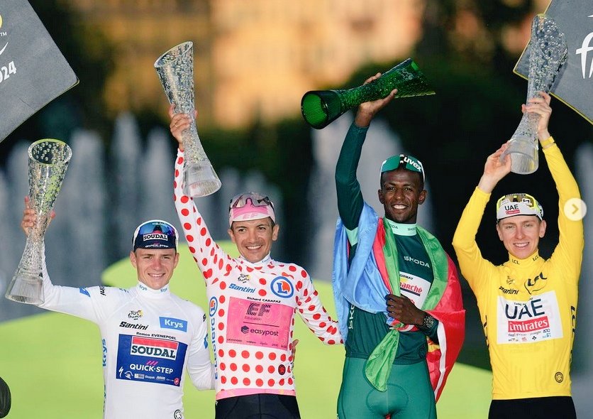 merih (@merihsenai) on Twitter photo Best year ever of <a href="/LeTour/">Tour de France™</a> 2024! 🎉🚴♂️
- Biniam Girmay 🇪🇷: 3 stage wins & Green Jersey 🏆1st African
- Remco Evenepoel🇧🇪: ITT wins, Youth Jersey & 3rd in GC 🌟
- Richard Carapaz🇪🇨: 1st Ecuadorian stage win & KOM 🏔️
- Tadej Pogačar🇸🇮: 6 wins & Yellow Jersey 🥇
#TDF2024 Best year ever of <a href="/LeTour/">Tour de France™</a> 2024! 🎉🚴♂️
- Biniam Girmay 🇪🇷: 3 stage wins & Green Jersey 🏆1st African
- Remco Evenepoel🇧🇪: ITT wins, Youth Jersey & 3rd in GC 🌟
- Richard Carapaz🇪🇨: 1st Ecuadorian stage win & KOM 🏔️
- Tadej Pogačar🇸🇮: 6 wins & Yellow Jersey 🥇
#TDF2024