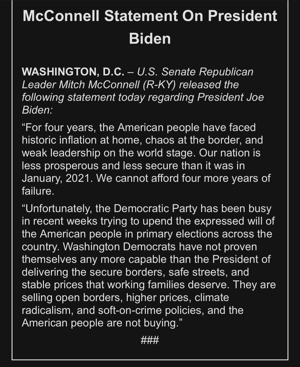 ReneeKET's tweet image. Statement from @LeaderMcConnell  on Pres Biden’s exit from race