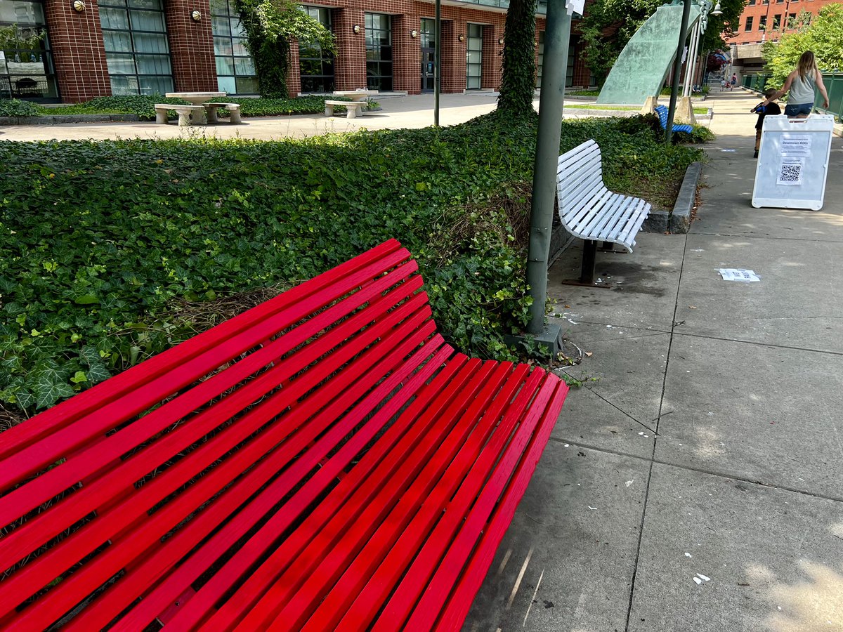 DowntownROCs's tweet photo. Whew! 😅 After 2 days of hard work, we’re proud to share that we’ve completed the restoration of the remaining 7 benches between the river and the War Memorial! https://t.co/3NgmR57UXS
