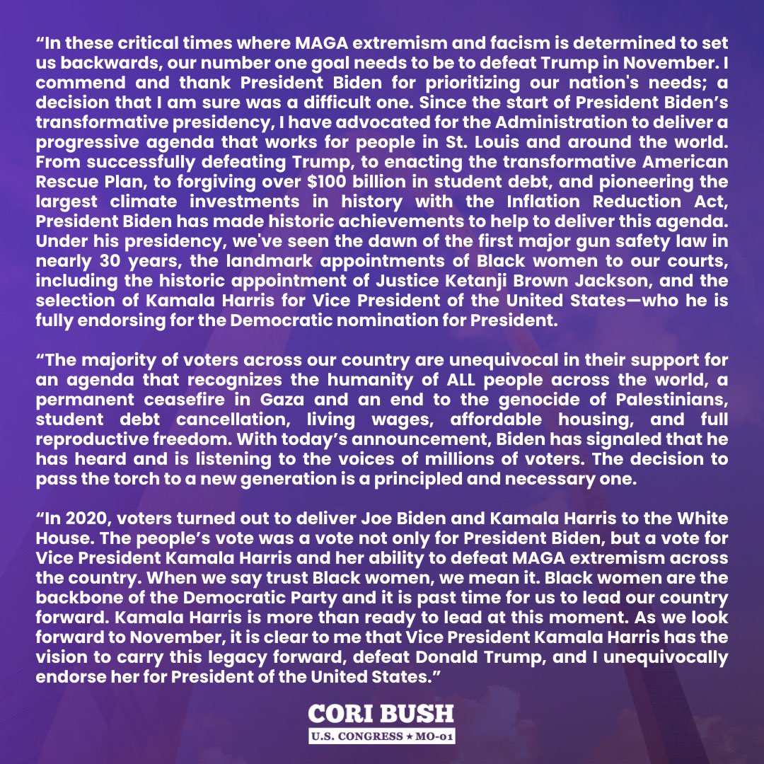 CoriBush's tweet photo. My Statement on President Biden's Decision to Step Down as Nominee and Endorsement of Kamala Harris for President. https://t.co/StVSRV7Wj5