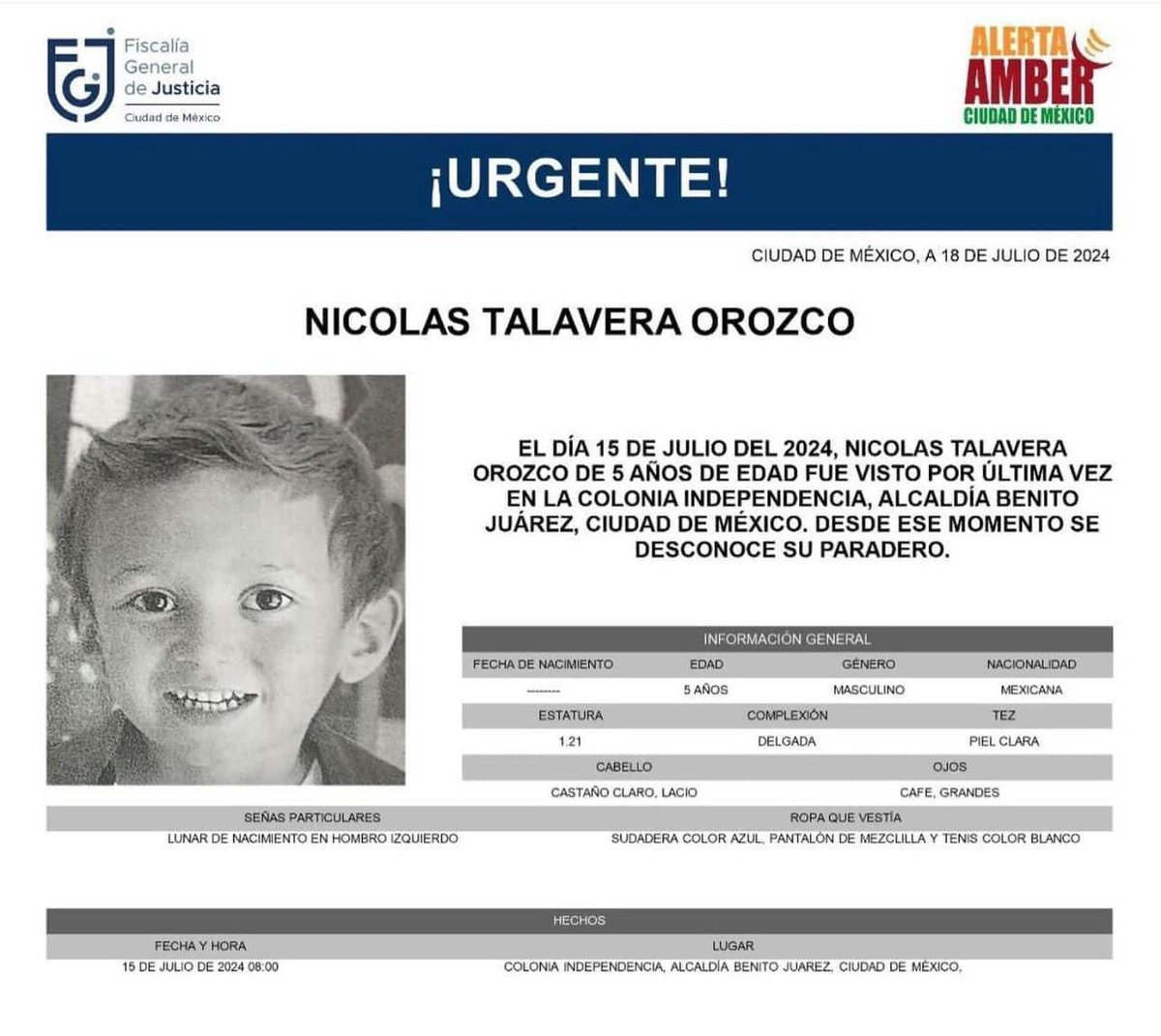 EnfoqueNoticias's tweet photo. 🔴| Pedimos su colaboración para localizar al menor Nicolás Talavera Orozco, quien desapareció en la colonia Independencia en alcaldía Benito Juárez 

#CDMX https://t.co/zCUx0v7lTz