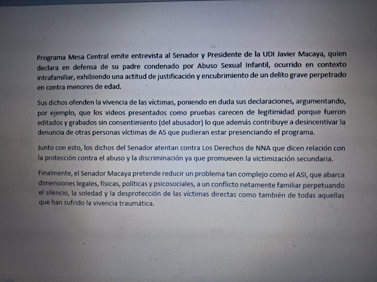 Denuncié a Mesa Central y su entrevista al Senador y Pdte de la UDI Javier Macaya
No es posible q un medio d comunicación reproduzca declaraciones q atenten tan gravemente contra las víctimas, promuevan la victimizacion secundaria y relativicen el ASI

Con clave única al CNTV