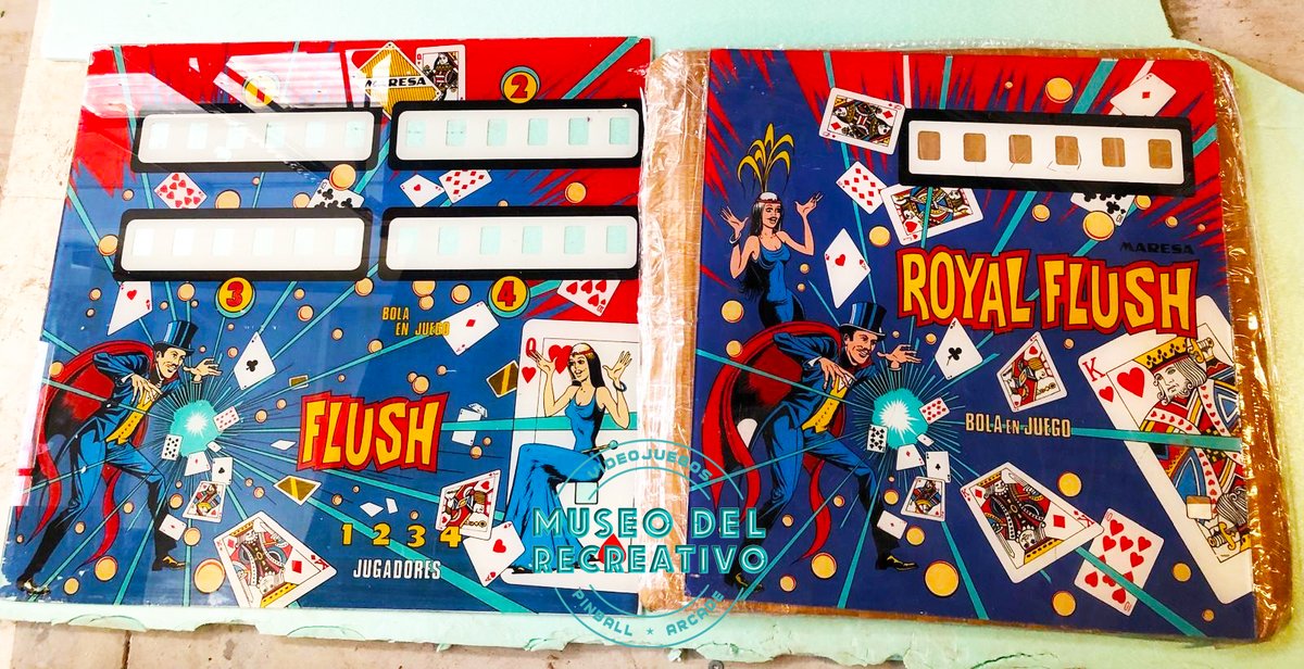 MuseoRecreativo's tweet image. Un par de #Backglass que nos han llegado al #museo para completar la #restauración del #pinball de la española  #Maresa de 1977. (#RoyalFlush y #Flush) 1 y 4 jugadores. Dos piezas más que siguen completando la colección del #MuseodelRecreativo 😊💪