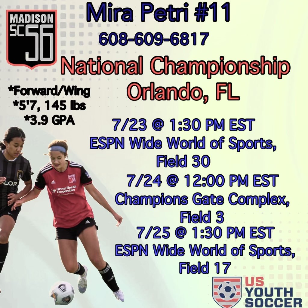 My team and I are ready for Nationals! We’ve preparing for months now and can’t wait to bring it all on the field. Here are the times and fields where we will be playing. LETS GO SIXERS‼️⚽️

<a href="/56ers07G/">Madison 56ers 2007 Red Girls - Elite 64</a> <a href="/WisconsinSoccer/">Wisconsin Soccer Central</a> <a href="/ImYouthSoccer/">ECNL/GA/Recruiting/College Soccer</a> <a href="/ImCollegeSoccer/">College Soccer Truth ™</a> <a href="/PrepSoccer/">Prep Soccer ⚽️</a> <a href="/SSN_NCAASoccer/">Sidelines - College Soccer</a>