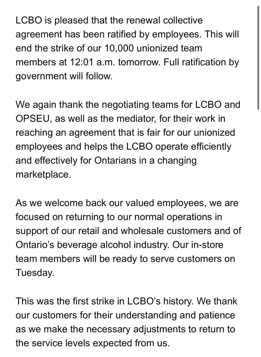 BREAKING: LCBO employees have ratified the new contract formally ending (for real this time) the first strike in the history of the Crown agency. 

#onpoli