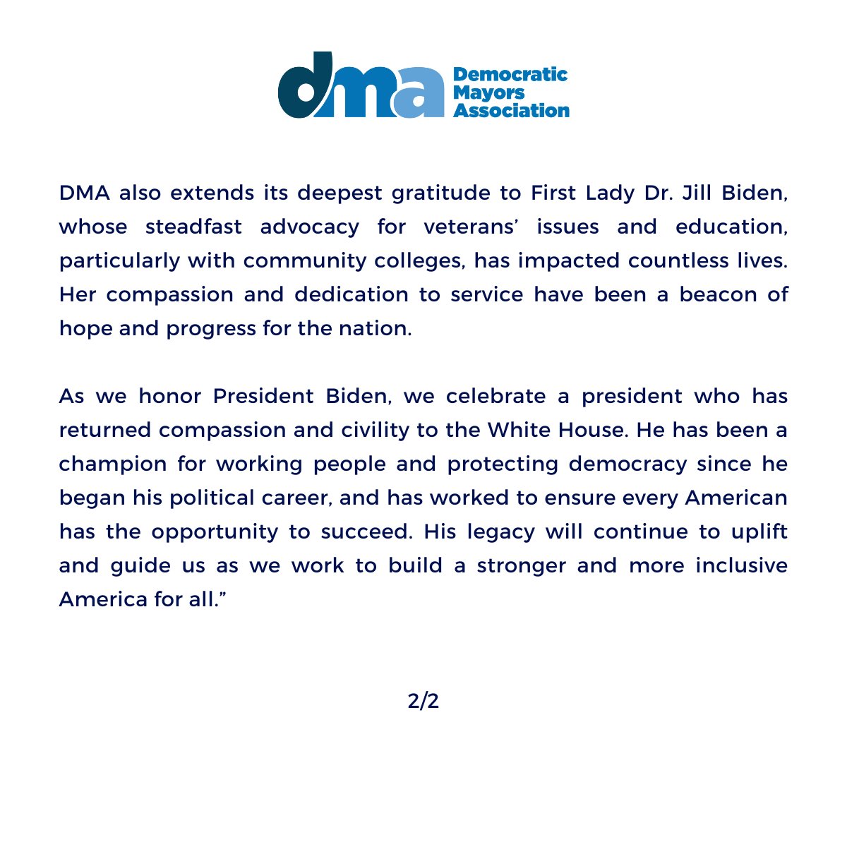 Today, the Democratic Mayors Association issued the following statement honoring President <a href="/JoeBiden/">Joe Biden</a> as he steps away from his 2024 campaign, celebrating his lasting commitment to the nation and his unparalleled legacy of leadership, service, and partnership with America’s