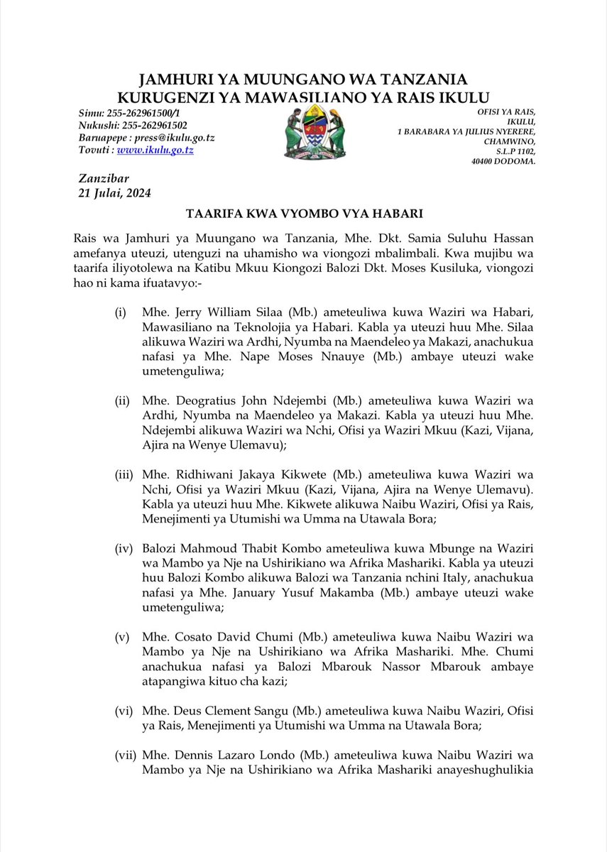 ikulumawasliano's tweet image. UTEUZI