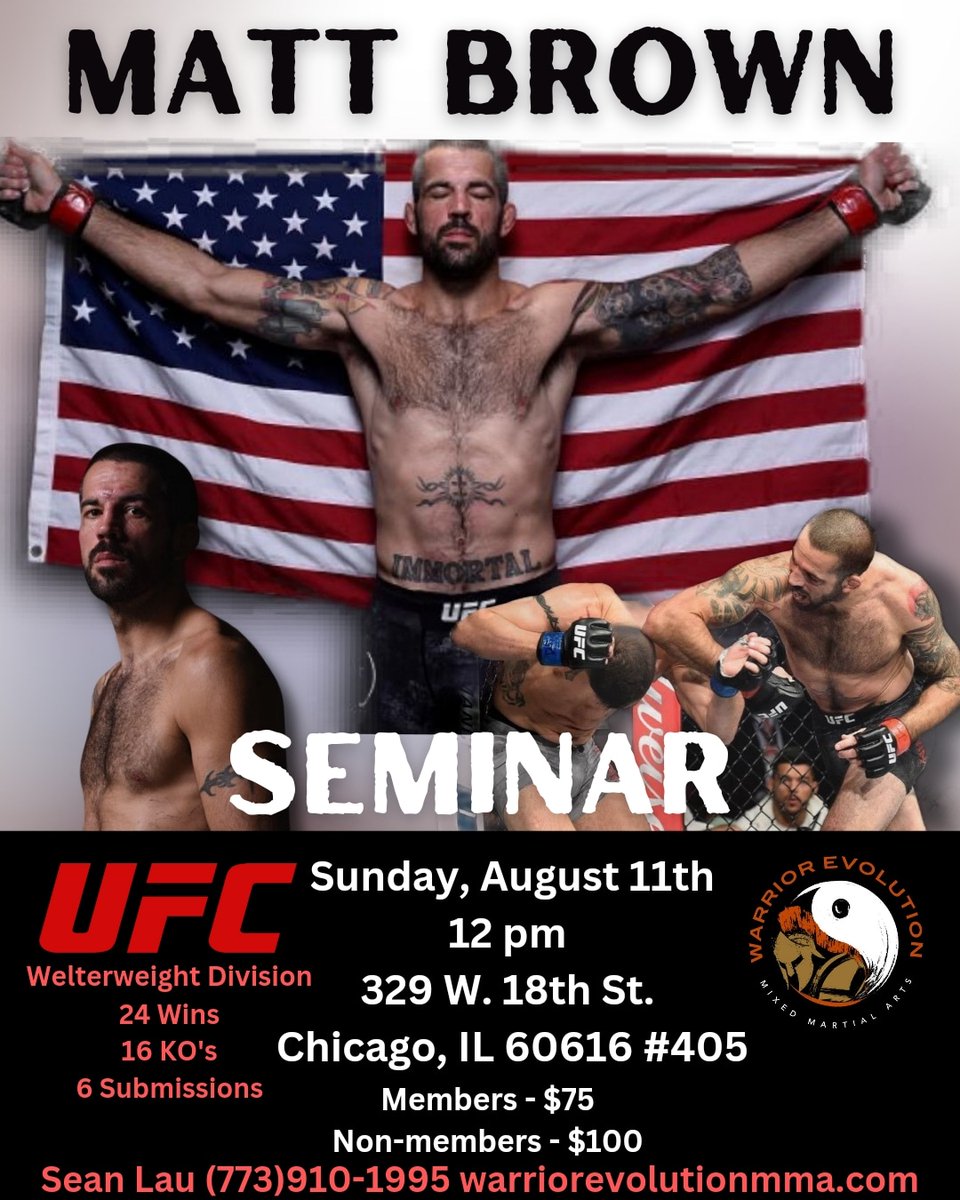 TazzKnows's tweet photo. We are 3 weeks away from UFC veteran, Matt Brown, coming in to share his knowledge with us!

He will be covering Muay Thai for MMA, clinch fighting, dirty boxing and his famous elbows! 

Want to learn how to finish a fight? This is the perfect seminar for you!

#UFC #MMA https://t.co/IbXdKyHeyk